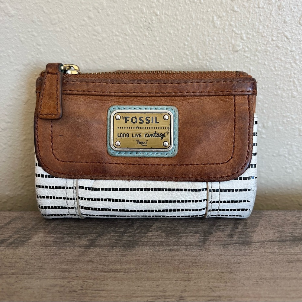 Fossil Wallet Long Live Vintage 1954 Lamb Leather Brown Striped Distressed *READ